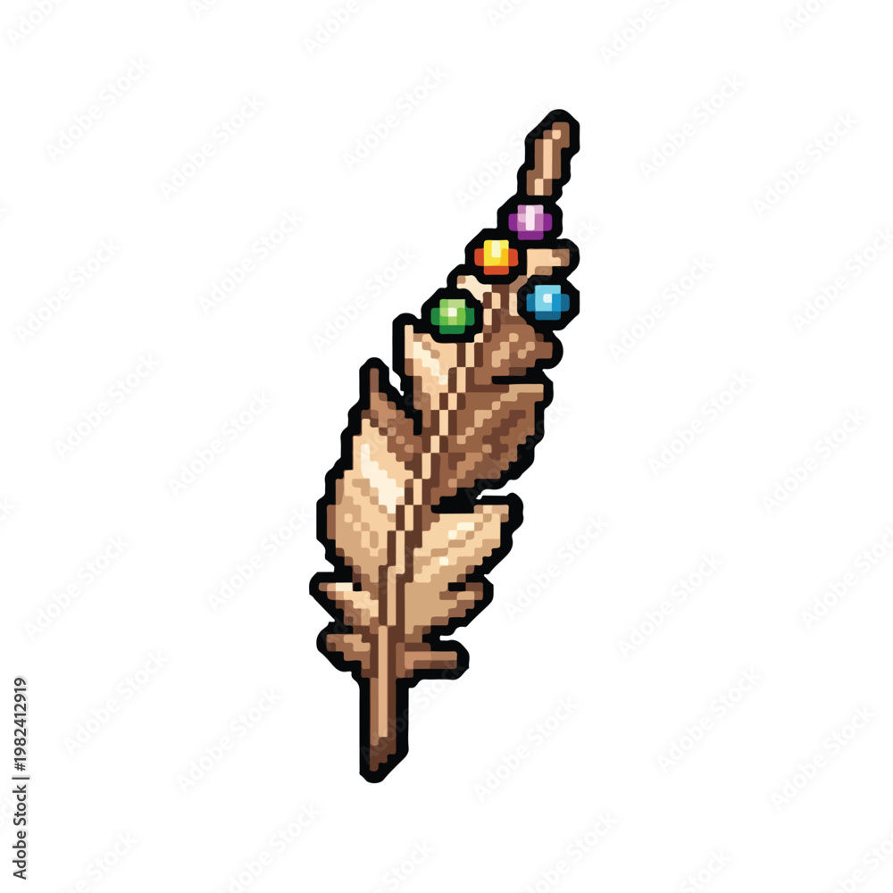 Fototapeta premium A pixel art feather in shades of light brown is adorned with five vibrant, colorful beads, creating a unique and decorative item icon.