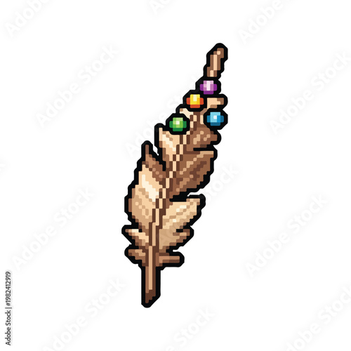 A pixel art feather in shades of light brown is adorned with five vibrant, colorful beads, creating a unique and decorative item icon.