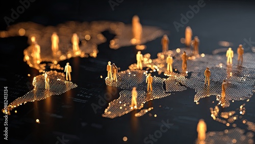 A glowing, abstract representation of the world map features numerous small figures scattered across its surface, symbolizing global connectivity and human presence.