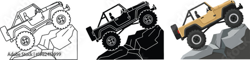 Off-road vehicle climbing rocks vector illustration set for adventure and extreme sports concepts