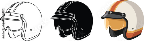 Foto Collection of retro motorcycle helmets line art silhouette and full color vector