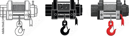 Set of winch icons including line art silhouette and color versions with hook and cable for industrial and automotive use