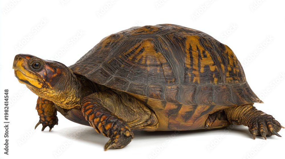 Obraz premium A side view portrait of a box turtle against a white background, highlighting shell details