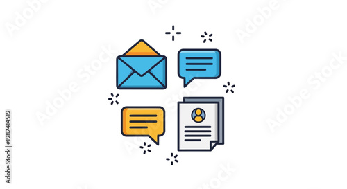 Digital communication icons on screen.