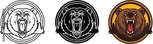 Set of roaring bear head emblems aggressive mascot logos in outline silhouette and full color for sports teams or brands