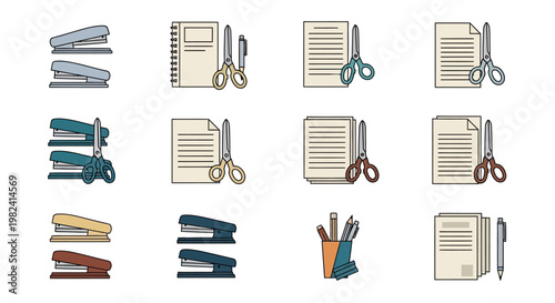 Office supplies on white background.