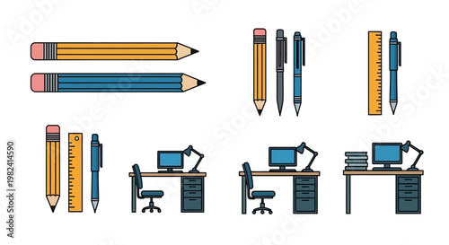 Colorful office supplies and desks.