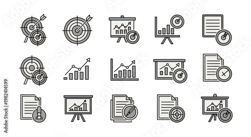 Business presentation and data analysis icons.