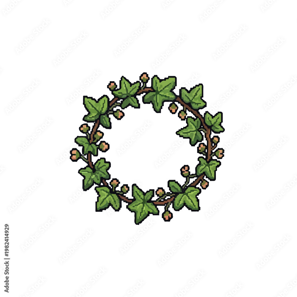 Fototapeta premium This vector illustration features a circular wreath composed of green, lobed leaves and delicate orange buds on a brown vine.