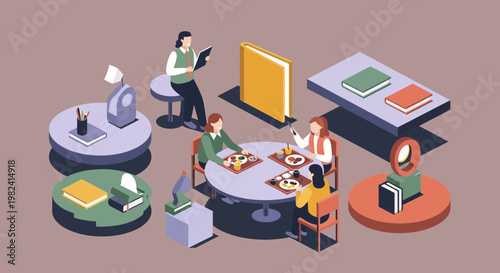 Isometric People Having Lunch in Modern Cafeteria Breakroom