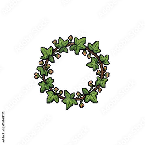 This vector illustration features a circular wreath composed of green, lobed leaves and delicate orange buds on a brown vine.