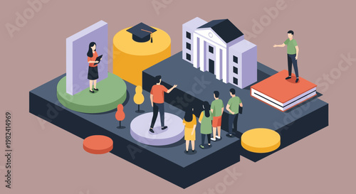 Isometric University Campus Tour Guide and Students Illustration