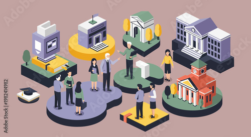 Isometric University Campus Orientation Tour with Students and Faculty