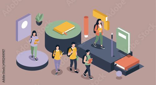 Isometric University Students Walking on Campus with Giant Books