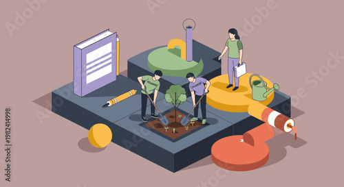 Isometric students volunteering for campus tree planting project