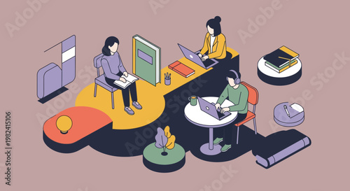People Working and Studying in Modern Isometric Workspace