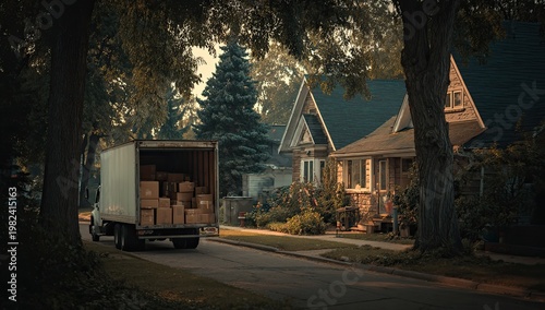 A delivery truck is parked on a quiet residential street, unloading boxes in front of a charming, older home framed by lush greenery and mature trees.