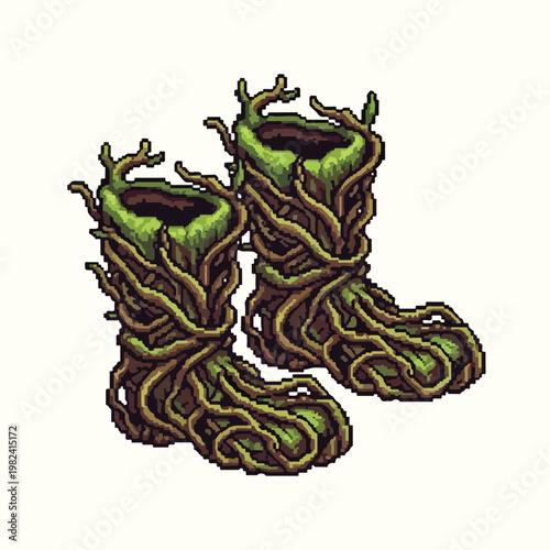 A pair of fantasy boots intricately crafted from tangled brown roots and lush green moss, depicted in a detailed pixel art vector style.