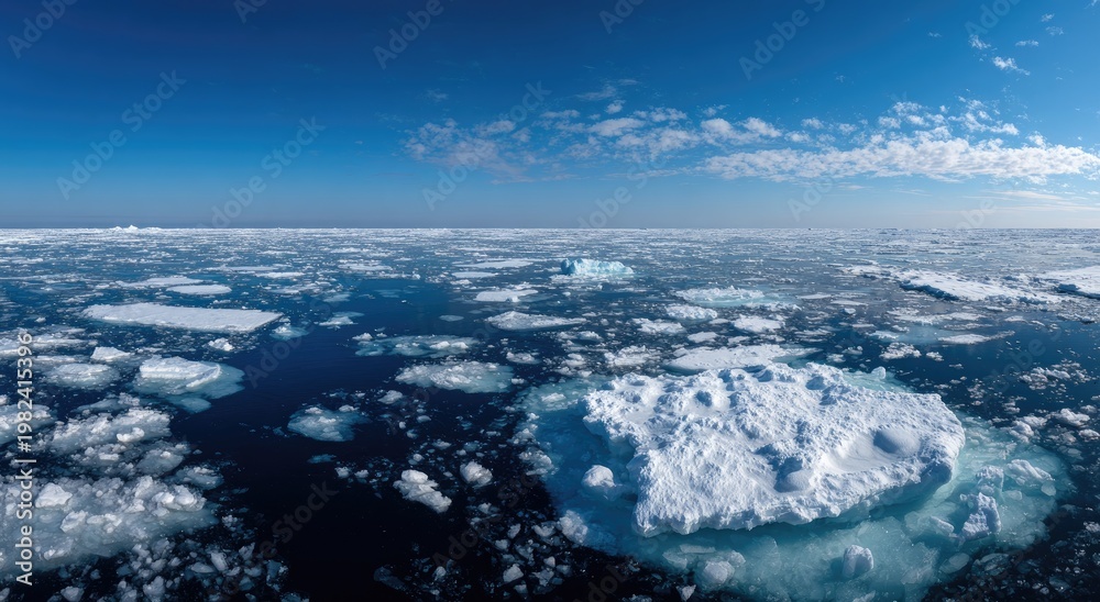 Fototapeta premium A vast expanse of Arctic sea is dotted with fragmented ice floes under a bright blue sky.