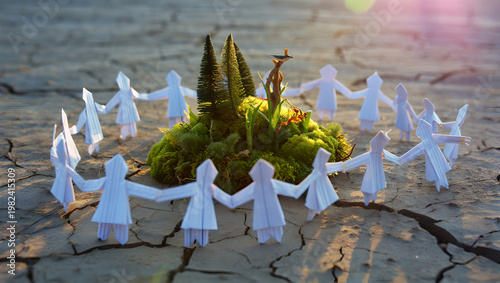 Paper Cutout figures Surrounding a Miniature Tree Grove