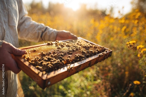 Golden light illuminates a beekeeper's harvest