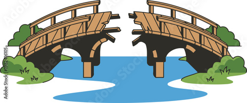 Broken wooden bridge over a river, symbolizing separation, disconnection, or an unfinished path.