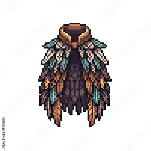 A pixel art illustration of a feathered cloak or cape with a high collar, featuring shades of brown, teal, and cream.