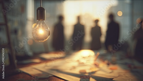 A glowing lightbulb hangs above a blurred group of people and scattered blueprints.