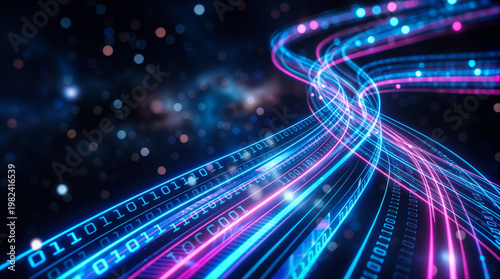 Datenübertragung als leuchtende Glasfaser-Lichtspuren mit Binärcode im digitalen Netzwerk