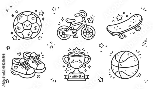 Sports activity and play set with various items in a cute cartoon style and black and white coloring