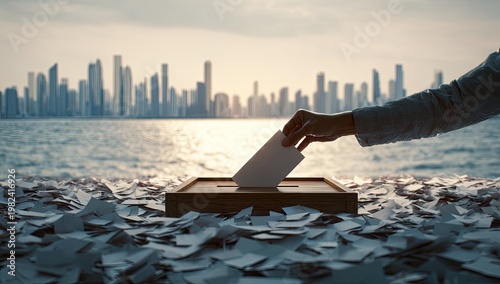 A hand deposits a ballot into a wooden box amidst a sea of discarded papers, with a city skyline in the background.
