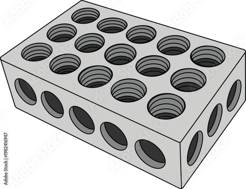 The image is a clean, isometric vector graphic of a hardened steel block. It features the classic hole pattern used by machinists to bolt blocks together or secure workpieces to a machine table. The i