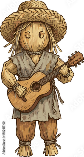 Corn husk doll playing acoustic guitar with straw hat