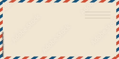 Airmail envelope frame. Commercial envelope. International vintage letter border. Retro air mail postcard with blue and red stripes. Blank correspondence paper template.eps,10