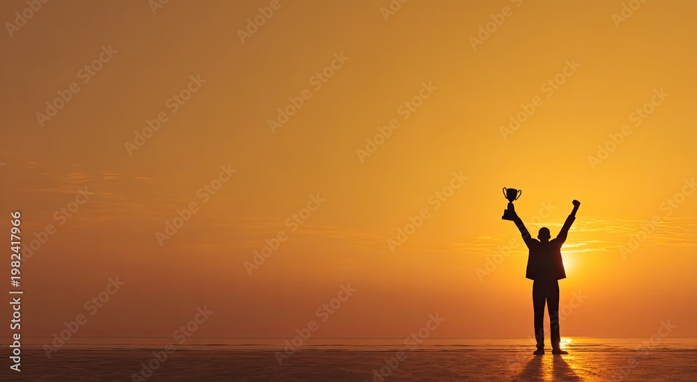 Fototapeta premium A silhouetted figure triumphantly raises a trophy against a vibrant sunset backdrop, symbolizing achievement and victory.