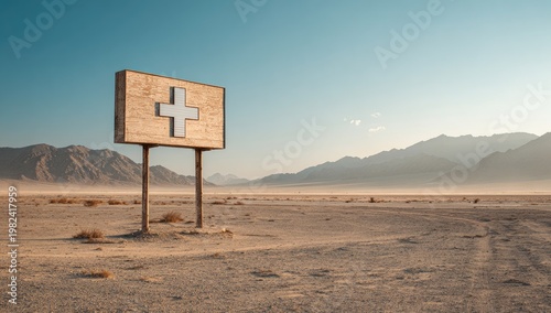A weathered wooden medical sign stands solitary in a vast, arid desert landscape beneath a clear blue sky, evoking a sense of isolation and resilience.
