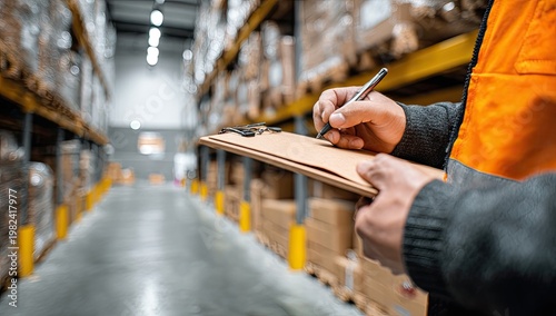Warehouse worker checking inventory on clipboard.