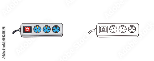 Electrical power strip with switch in flat color and black line styles representing household energy supply and surge protection for electronic devices on white background