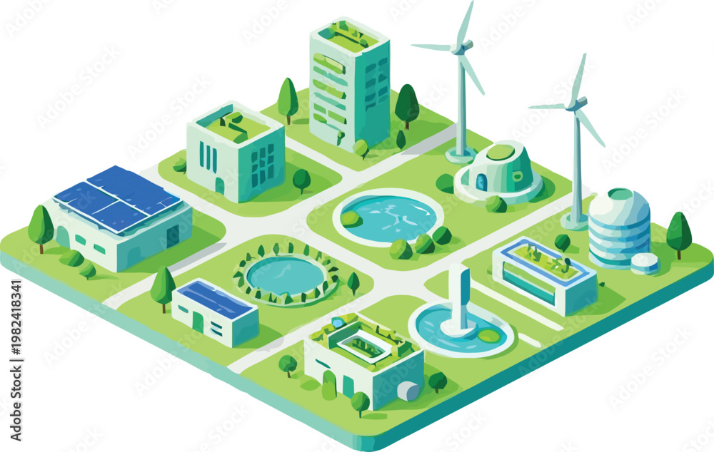 Naklejka premium Isometric Green City with Renewable Energy — Sustainable Urban Infrastructure