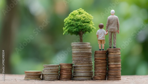 A grandfather and grandson stand atop stacks of coins, with a small tree growing from the largest stack, symbolizing financial growth and legacy.