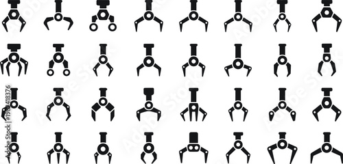Grid of Black Robotic Gripper Icons claw mechanical