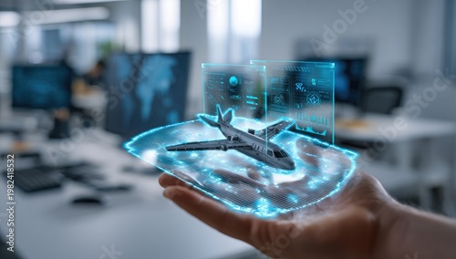 A hand presents a holographic projection of an airplane with data visualizations in a modern office setting.