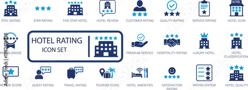 Comprehensive collection of hotel rating and review icons, offering visuals for star ratings, guest feedback, luxury, and service quality, ideal for hospitality industry applications