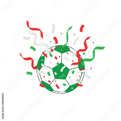 Abstract confetti and streamers in the shape of a soccer ball, festive colors of red, white, and green, floating elements, celebratory atmosphere, clean white background, joyful mood. flat