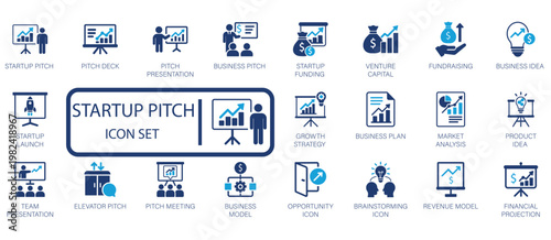 Dynamic vector icon collection illustrating startup business ecosystem elements from initial pitch and fundraising to strategic growth and team collaboration