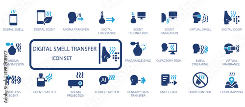 Digital Scent Transfer Icon Set Advanced Aroma Technology, Olfactory Data, and Virtual Fragrance Innovations for Modern Applications