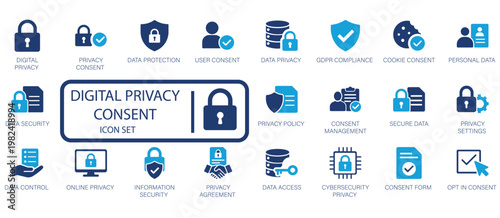 Digital privacy and data security vector icon set, covering user consent, information protection, regulatory compliance, and online data management solutions