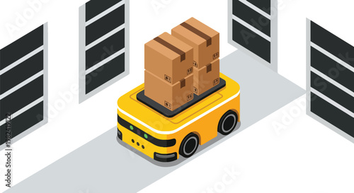 Isometric Yellow Autonomous Mobile Robot Carrying Stacked Boxes Through Warehouse Aisle Vector