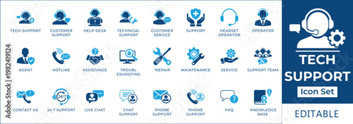 Comprehensive collection of technical support icons for customer service, IT assistance, and online help, covering troubleshooting, maintenance, and expert guidance