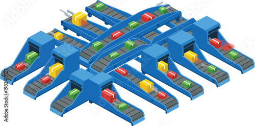 Isometric Blue Automated Sortation System Diverting Packages to Different Chutes Vector
